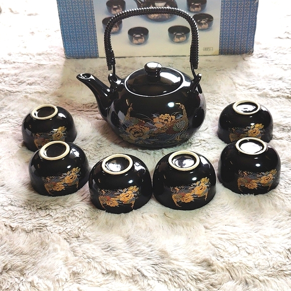High Class Tea Pot Dining New Set Of 7 Tea Set Vintage Black And
